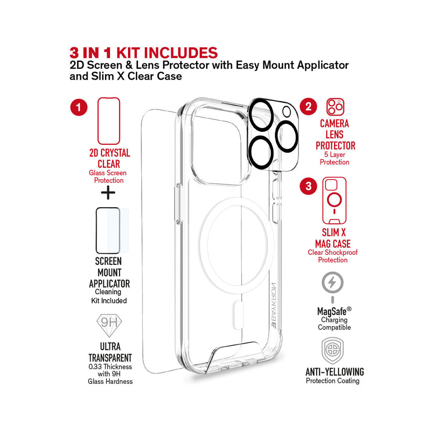 BAYKRON Smart Slim X 3 in 1 Mag Kit for iPhone 15 Pro 6.1" includes 2D Clear Screen & Lens Protector and Slim X Mag Case - Clear