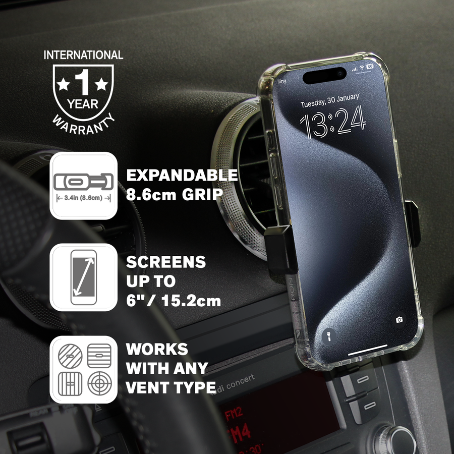 BASIC CAR VENT MOUNT ADJUSTIBLE SMARTPHONE HOLDER  Fits screens up to 6” Screens 8.6cm wide