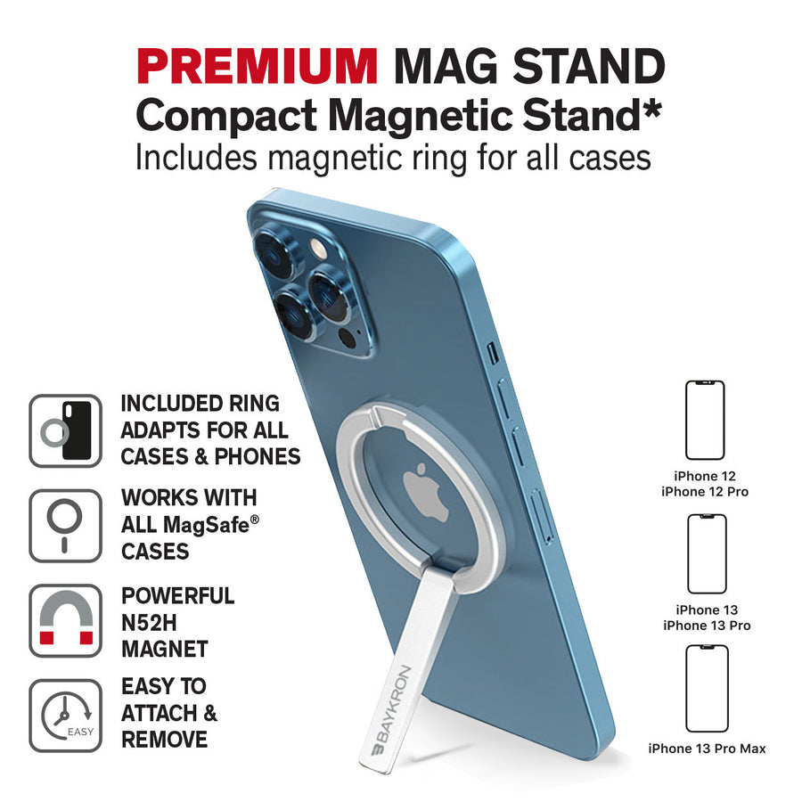 BAYKRON Premium Mag Stand Compact Magnetic Stand with included magnetic ring for all cases and smartphones - Silver