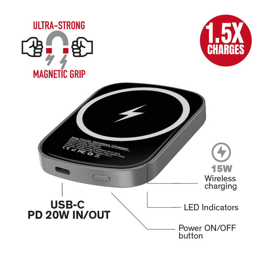 BAYKRON Compact Mag Power, Wireless Magnetic Charger 5000 mAh, USB-C PD 20W port – Metallic Gray