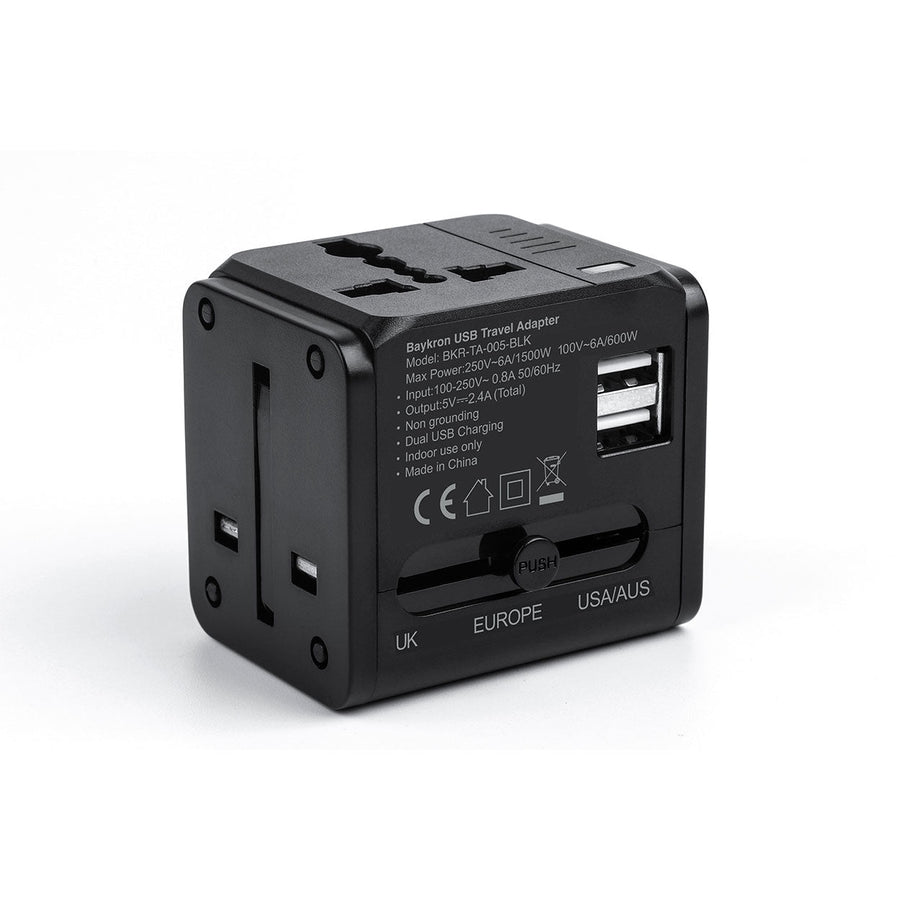 The BAYKRON Universal World Travel Adapter with dual 2.4A USB charging ports; Can simultaneously charge two devices with USB. Compatible with over 150 countries on all continents.