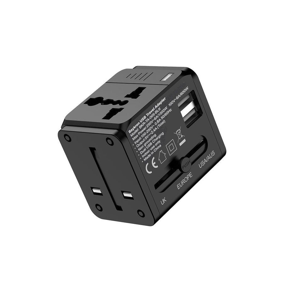 The BAYKRON Universal World Travel Adapter with dual 2.4A USB charging ports; Can simultaneously charge two devices with USB. Compatible with over 150 countries on all continents.