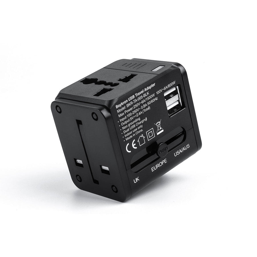 The BAYKRON Universal World Travel Adapter with dual 2.4A USB charging ports; Can simultaneously charge two devices with USB. Compatible with over 150 countries on all continents.