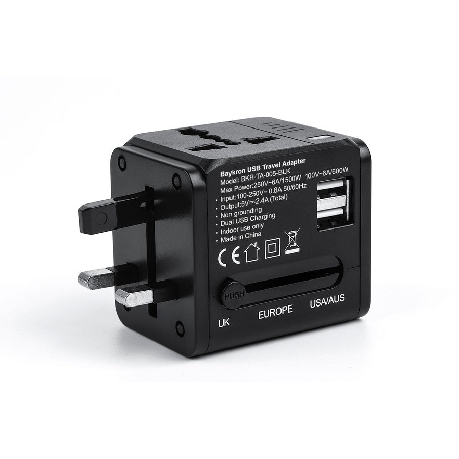 The BAYKRON Universal World Travel Adapter with dual 2.4A USB charging ports; Can simultaneously charge two devices with USB. Compatible with over 150 countries on all continents.