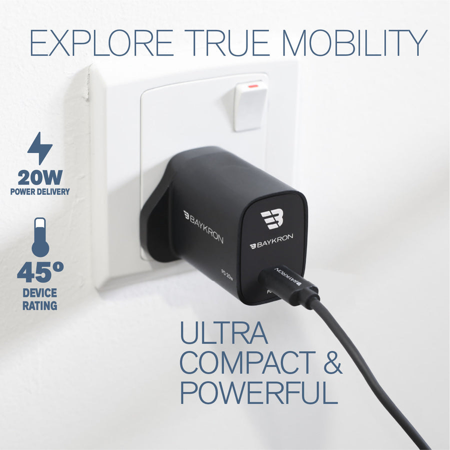 BAYKRON 20W Portable Wall Charger with Power Delivery (PD) USB-C for UK Standard Outlets