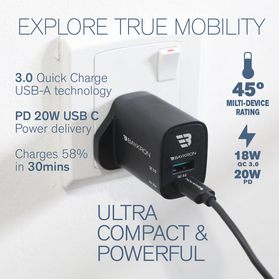 BAYKRON 36W Fast Charging Dual Port Wall Charger with Type-C™ Power Delivery 20W + QC3.0 technology for UK Standard Outlets