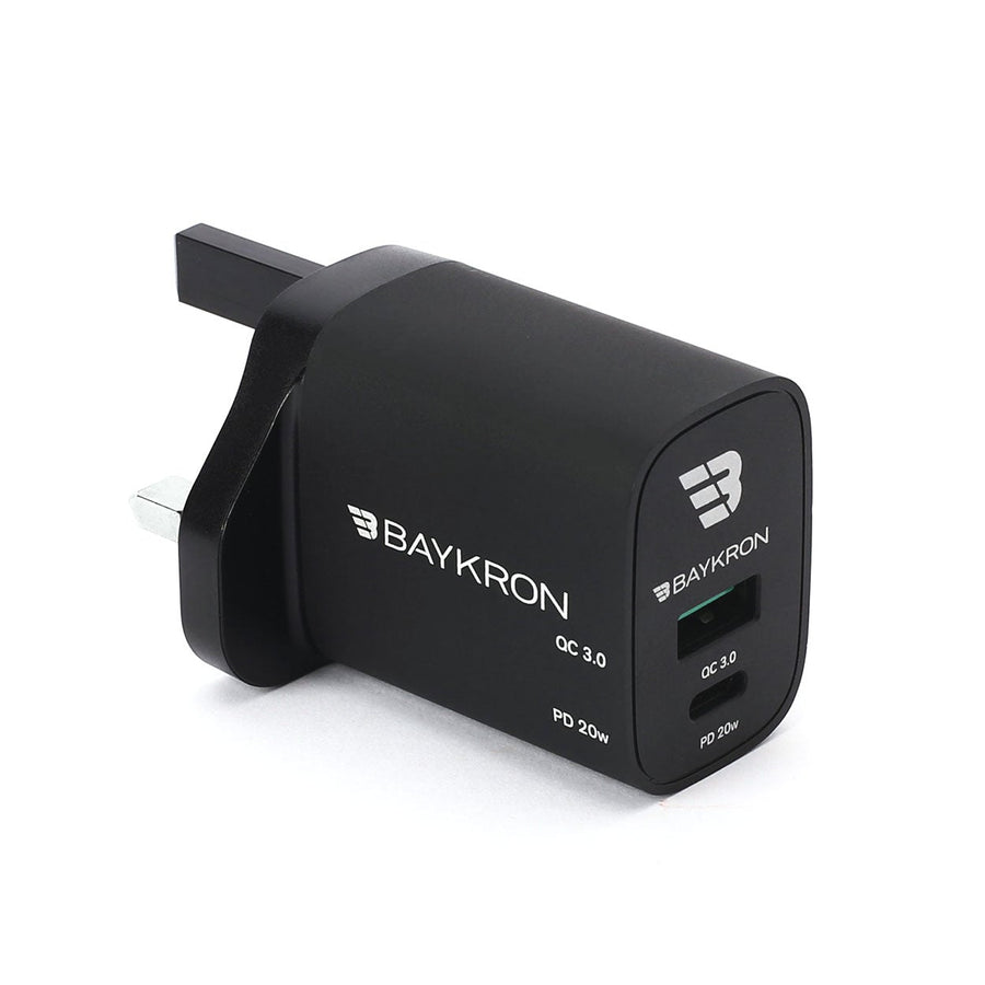 BAYKRON 36W Fast Charging Dual Port Wall Charger with Type-C™ Power Delivery 20W + QC3.0 technology for UK Standard Outlets