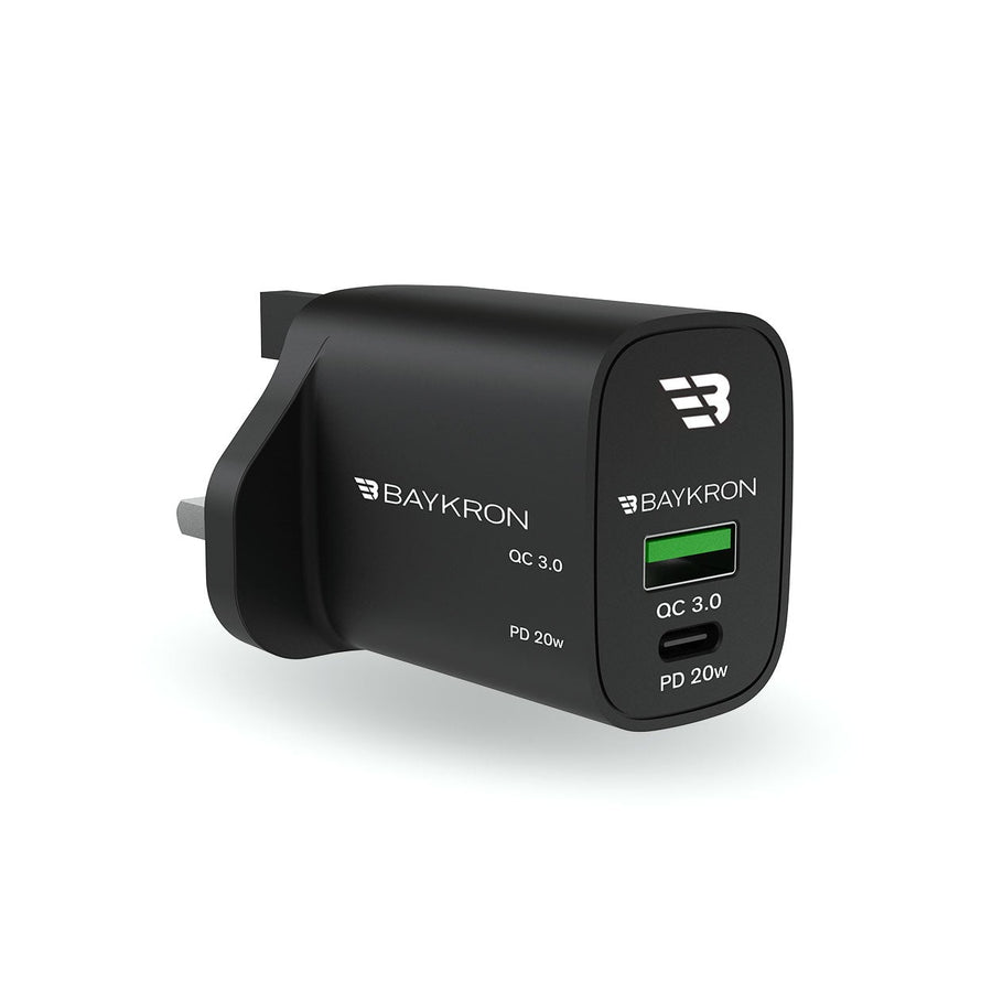 BAYKRON 36W Fast Charging Dual Port Wall Charger with Type-C™ Power Delivery 20W + QC3.0 technology for UK Standard Outlets