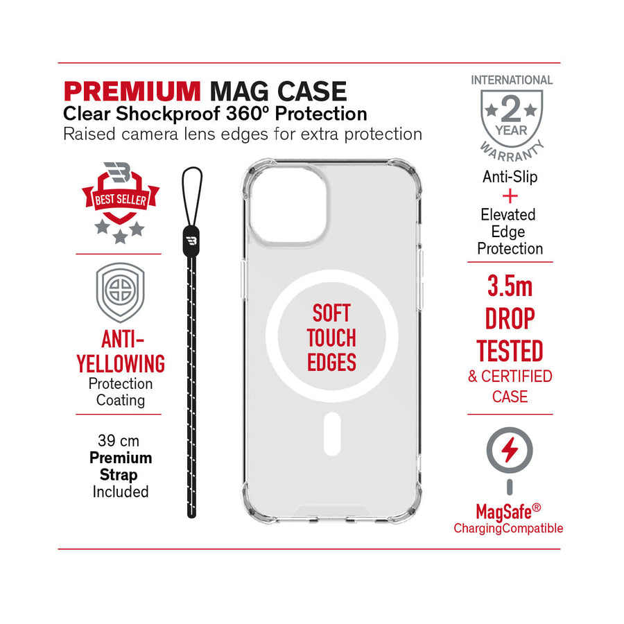 BAYKRON Premium Mag Case  for iPhone® 15 6.1" with Deluxe Nylon Carry Strap - Shockproof and Anti-fingerprint - Clear