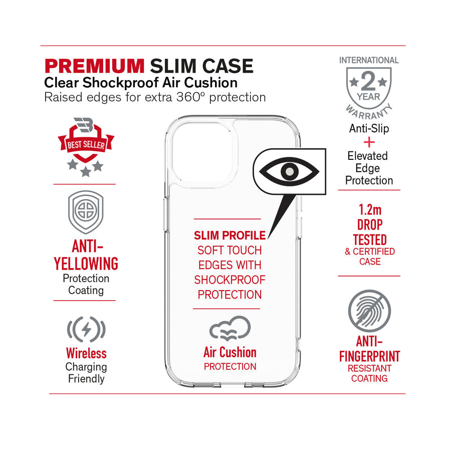 BAYKRON Premium Slim Case for iPhone® 15 6.1" with Air Cushion Shockproof Protection - Clear