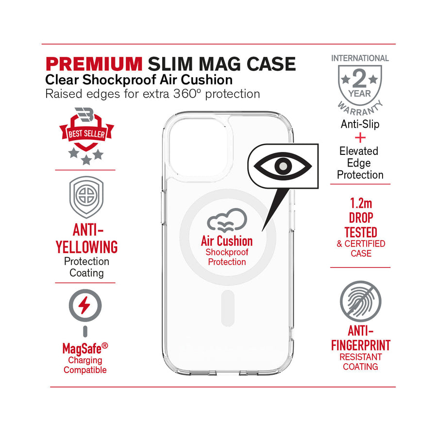 BAYKRON Premium Slim Mag Case for iPhone® 15 Plus 6.7" with Air Cushion Shockproof Protection and MagSafe® Compatible - Clear